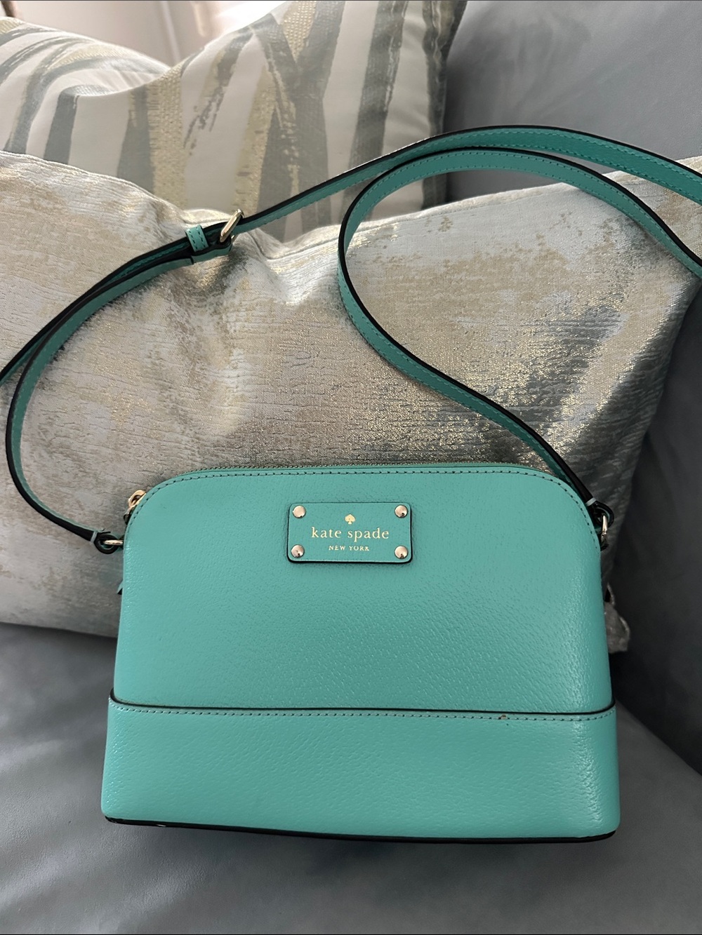 kate spade turquoise leather crossbody with gold hardware